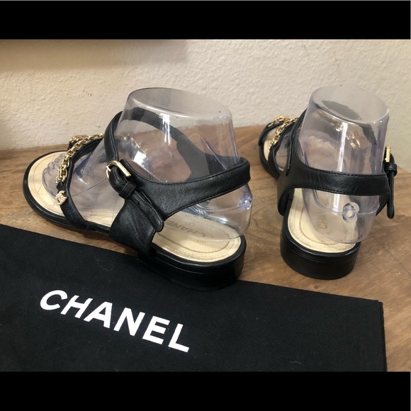 CHANEL Chain Lambskin Black CC Logo Sandals Sz 39 - Picture 5 of 11